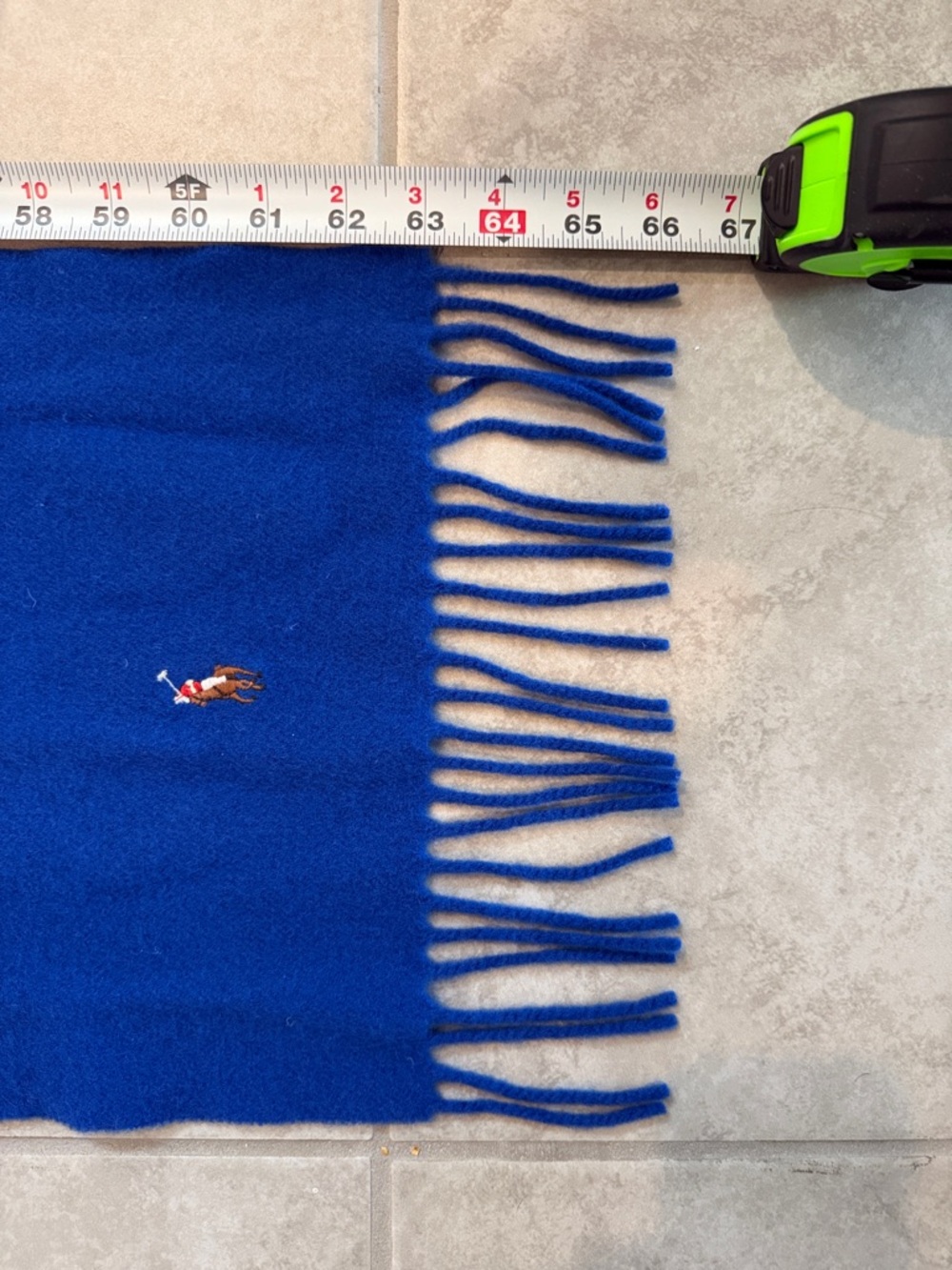 POLO Ralph Lauren Cobalt Blue Fringed Wool Scarf with Pony Embroidery - Picture 8 of 9